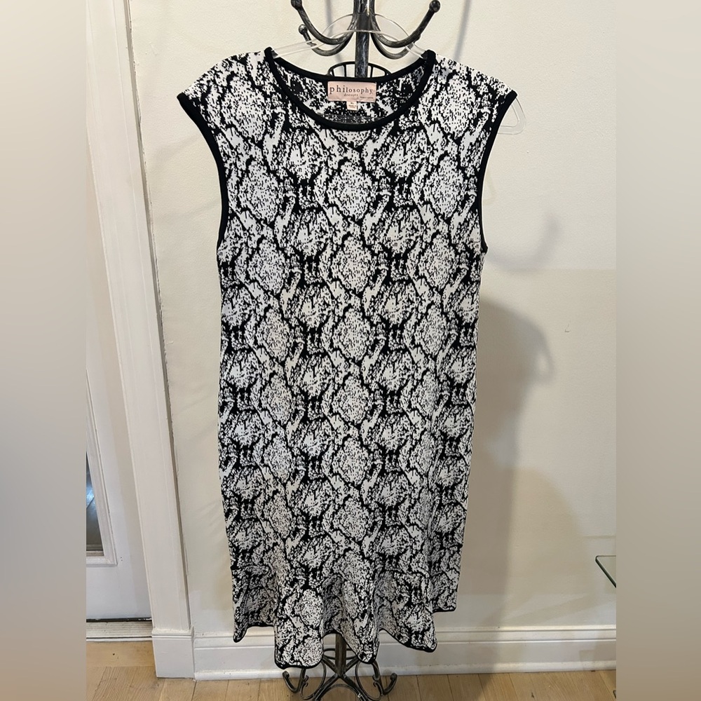 Philosophy Black and White Patterned Midi Dress. Bottom ruffle design